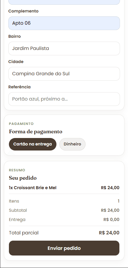 Checkout móvel do Delivery com endereço, forma de pagamento e resumo do pedido