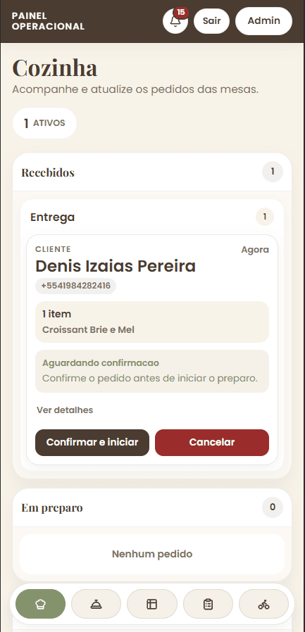 Tela real da cozinha DeNode no celular
