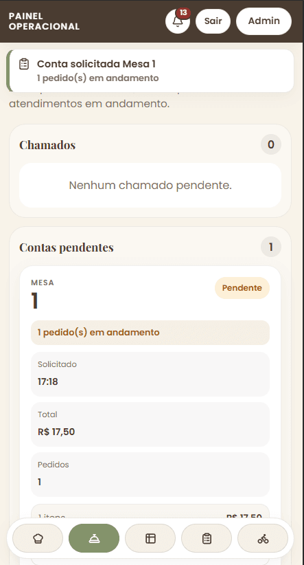 Tela real de atendimento do garçom no celular