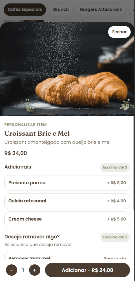 Tela real de produto com adicionais no cardápio DeNode