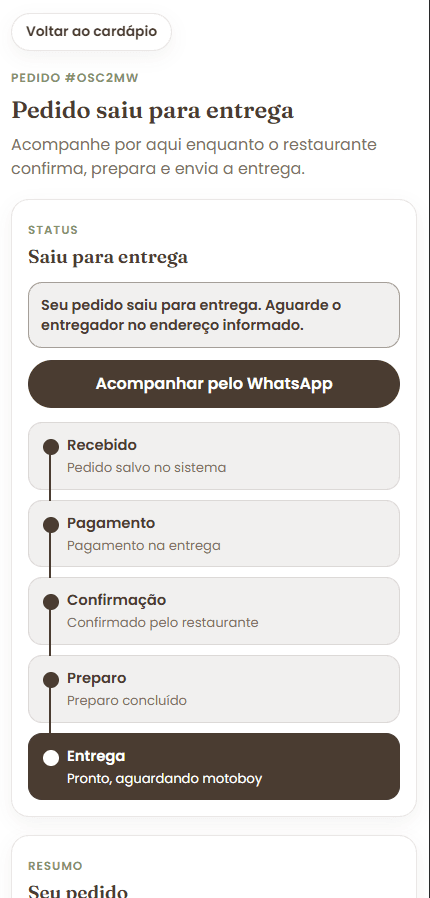 Tela móvel de acompanhamento do pedido com etapas de pagamento, confirmação, preparo e entrega