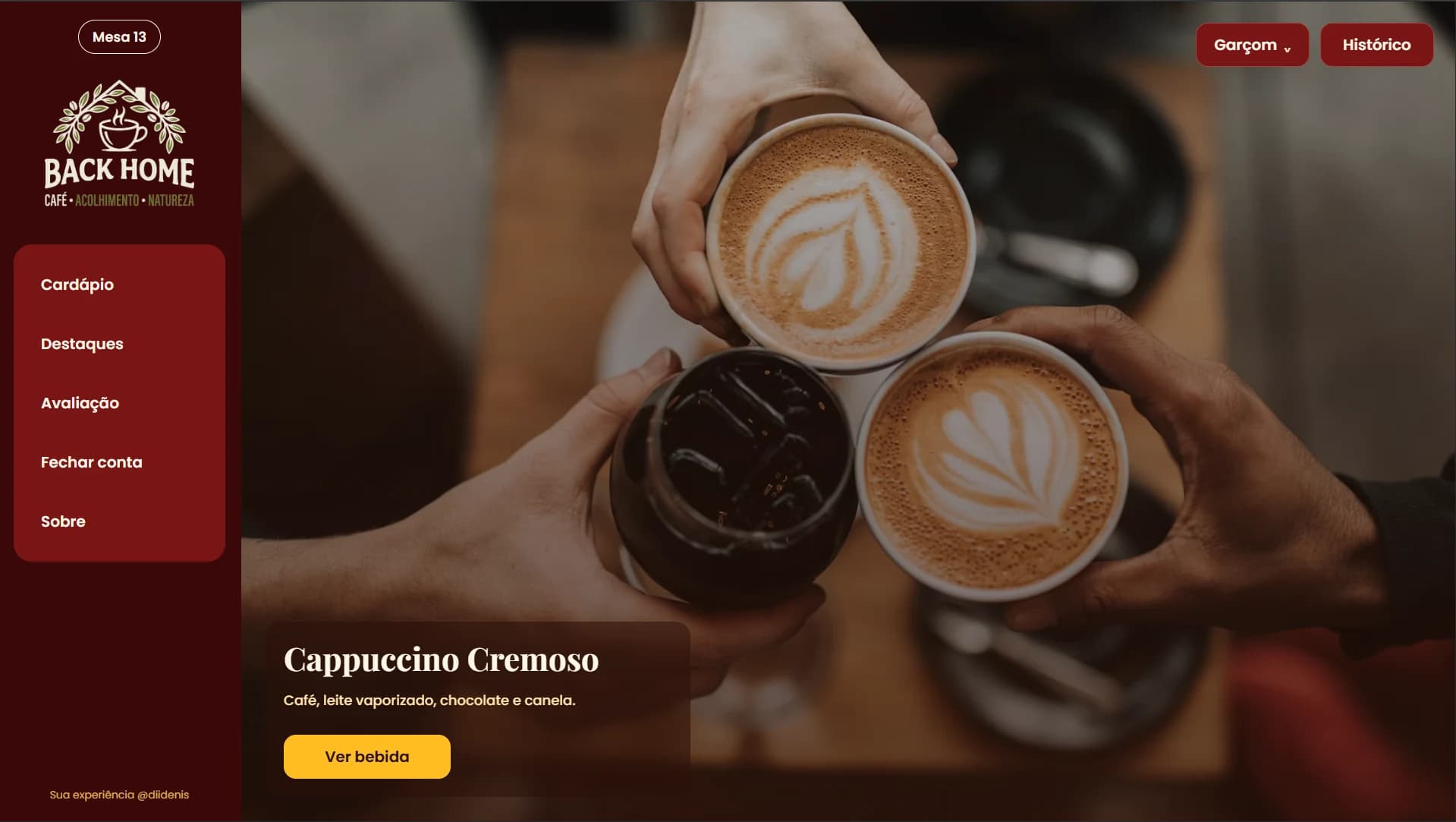 Cardápio real da DeNode aberto para escolha de produtos