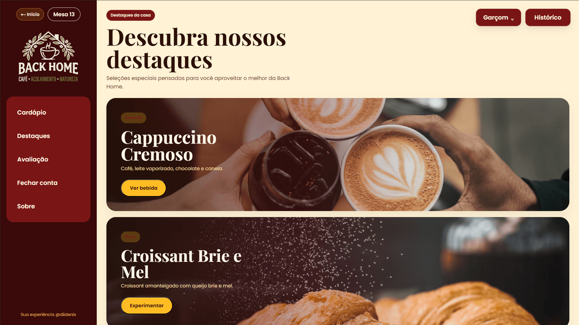 Tela de destaques do DeNode Tablet com produtos apresentados em formato visual